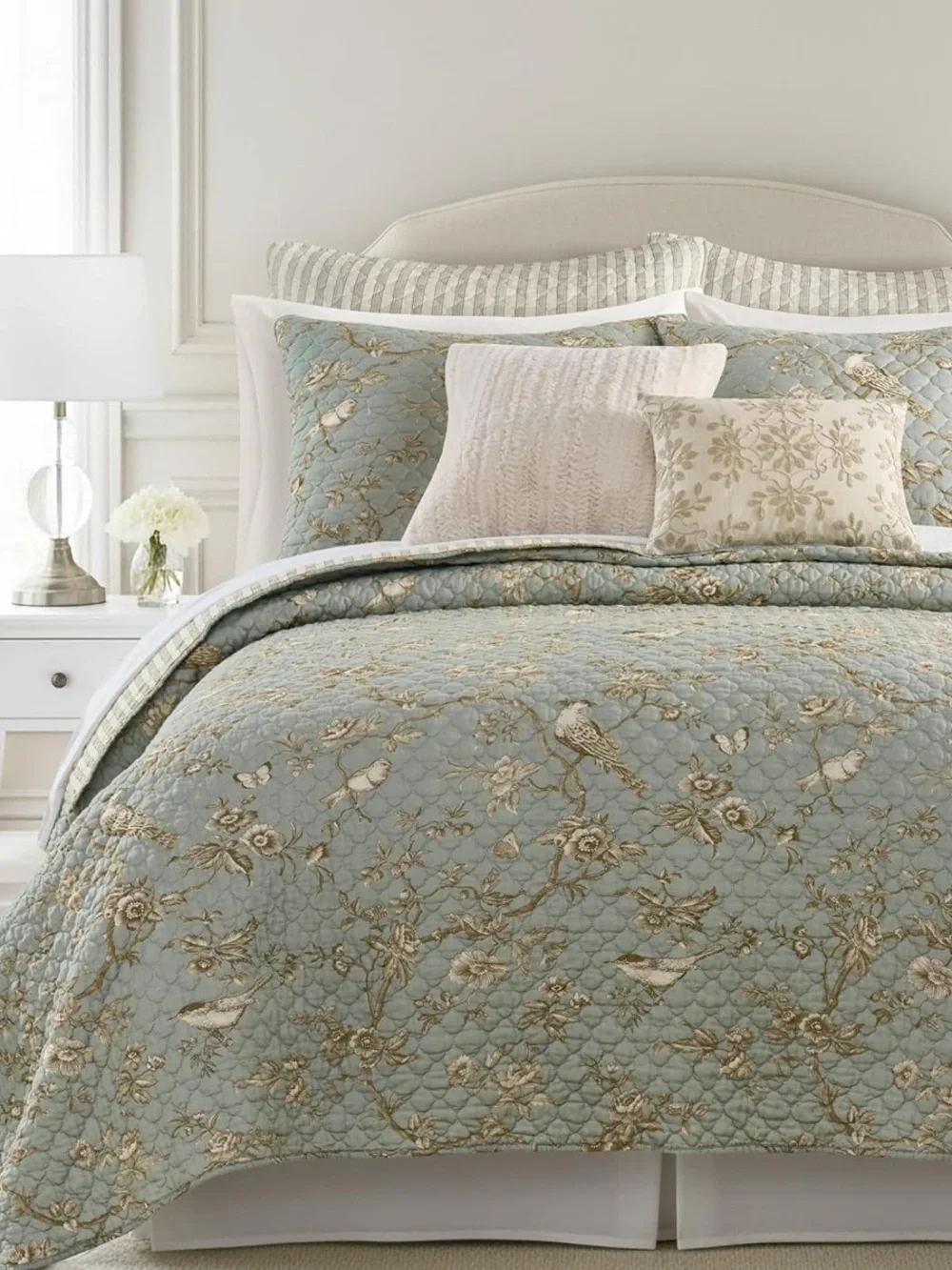 🆕 PB Style Reversible Quilt Set Brown Stripes Sage Floral Bird Toile Coverlet